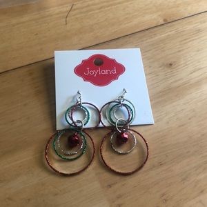 ❤️New Joyland Earrings. Red, Green, Silver Sparkle dangle earrings with bell.